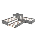 Merax L-Shaped Platform Bed with Trundle, Drawers and Built-in Desk, Wood Bed for Teens, L Shaped Twin Bed, Grey Merax