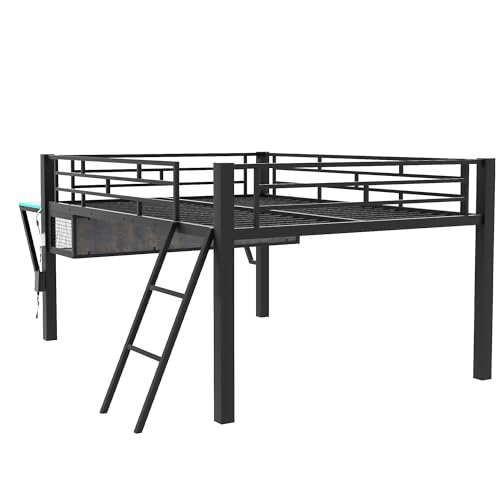 DEYOBED Full Size Loft Gaming Bed with LED Light and Integrated Desk in Black