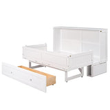Queen Size Mobile Murphy Bed with Storage Drawers and Small Shelves for Guest Room Home Office, Multi-Functional Platform Bed for Kids, Teens, Easy Assembly (White) BEDGJH