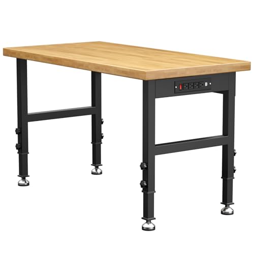 48” Heavy-Duty Solid Wood Work Bench Work Table, Adjustable Height Workbench with Power Outlets, 3000 Lbs Capacity Workstation for Garage, Workshop Maemttes