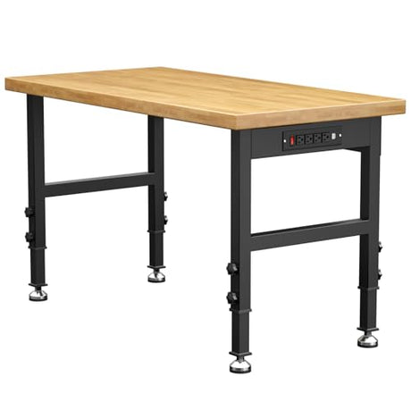 48” Heavy-Duty Solid Wood Work Bench Work Table, Adjustable Height Workbench with Power Outlets, 3000 Lbs Capacity Workstation for Garage, Workshop Maemttes