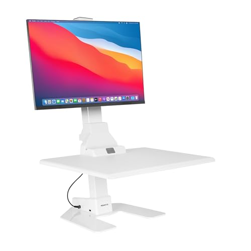 Mount-It! Electric Standing Desk Converter, Adjustable Tabletop Sit Stand Desk Riser with Single Monitor Mount for Monitors up to 32", Freestanding 28" Wide Platform Rises up to 20.75" White Mount-It!