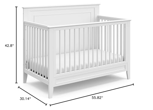 Storkcraft Solstice 5-In-1 Convertible Crib (White) – GREENGUARD Gold Certified, Converts to Toddler Bed and Full-Size Bed, Fits Standard Full-Size Crib Mattress, Adjustable Mattress Support Base