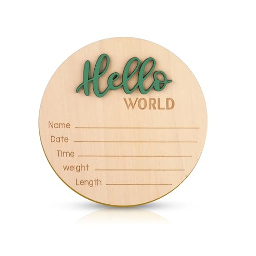 Baby Announcement Sign, 5.9 Inch Wooden Hello World Newborn Welcome Sign Birth Baby Name Plaques for Photo Props Baby Shower Hospital Nursery(Green) - WoodArtSupply