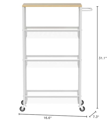 MOOACE Slim Storage Cart, 4 Tier Rolling Kitchen Shelving Unit on Wheels Mobile Narrow Cart with Wooden Tabletop for Bathroom, Laundry Narrow Places, 16.6''x 7.3''x 31.1''inch - White