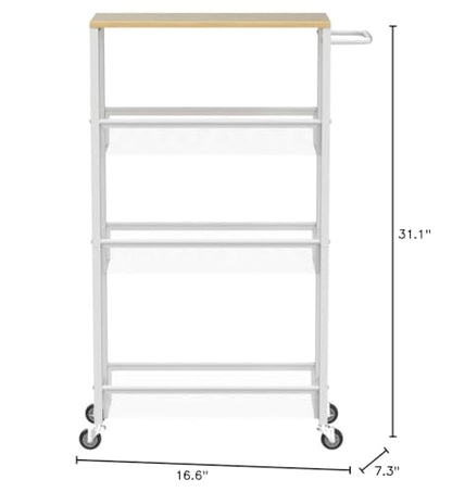 MOOACE Slim Storage Cart, 4 Tier Rolling Kitchen Shelving Unit on Wheels Mobile Narrow Cart with Wooden Tabletop for Bathroom, Laundry Narrow Places, 16.6''x 7.3''x 31.1''inch - White