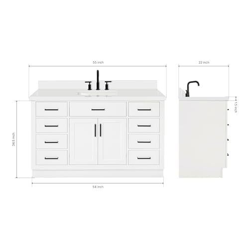 ARIEL Hepburn 55" White Bathroom Vanity with Sink, 1.5" Edge Pure White Quartz Countertop & Splash, Rectangular Sink, 2 Soft Closing Doors, 8 Full Extension Dovetail & 1 45-Degree Tilt Drawers ARIEL
