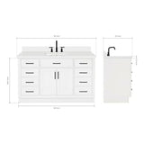 ARIEL Hepburn 55" White Bathroom Vanity with Sink, 1.5" Edge Pure White Quartz Countertop & Splash, Rectangular Sink, 2 Soft Closing Doors, 8 Full Extension Dovetail & 1 45-Degree Tilt Drawers ARIEL