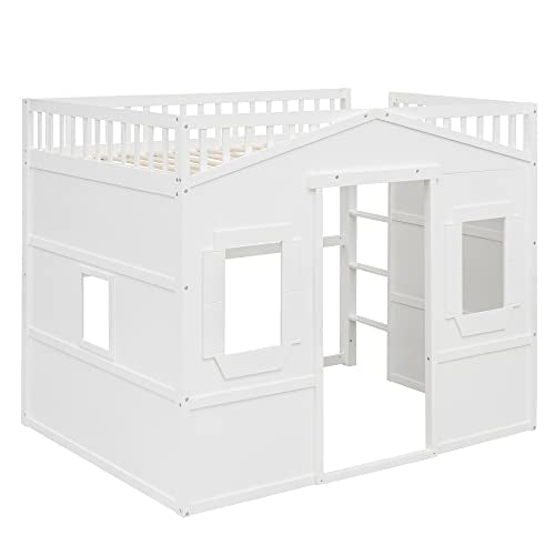 Merax Low Loft Bed Full Size with Underneath Play Space, Full House Loft Bed with 2 Windows and Ladder, Wood Bed Frame, No Box Spring Needed, White Merax