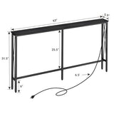 ELYKEN 5.9" Narrow Console Sofa Table with Power Outlets, 5.9" Dx63 Wx31.5 H Long Skinny Behind Couch Table with “X” Cross Metal Frame and Charge Station with 6.5’ Extension Cord, Black ELYKEN