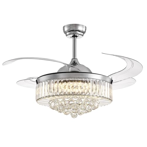 NOXARTE 48 Inch Crystal Chandelier Ceiling Fan with Light Fandelier Ceiling Fan with Light Retractable Blades Fan with Remote Control 48" Dimmable Fandelier for Bedroom Living Room NOXARTE