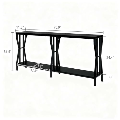 HOMISSUE Sofa Console Table, 70.9" Extra Long Sofa Table with 2-Tier Storage, Industrial Narrow Console Tables Behind Couch, Hallway Table for Entryway, Living Room, Black HOMISSUE