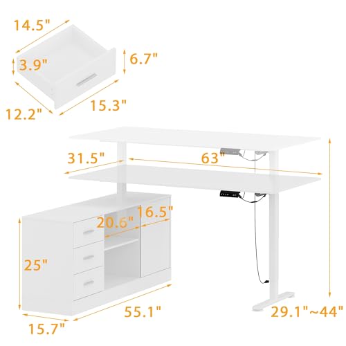 Lovinouse Large White Electric Adjustable Standing Desk, Reversible L Shaped Office Work Desk with Storage Drawers, Adjustable Height and Shelves, Rising Study Computer Table for Home Office, Bedroom Lovinouse