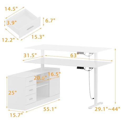 Lovinouse Large White Electric Adjustable Standing Desk, Reversible L Shaped Office Work Desk with Storage Drawers, Adjustable Height and Shelves, Rising Study Computer Table for Home Office, Bedroom Lovinouse
