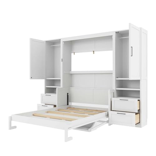 Merax Full Size Murphy Bed with Desk, Multifunctional Foldable Wall Bed with Closet, Drawers and Shelves, Space-Saving Wood Platform Bed Frame for Small Spaces Studio Study Office Guest Room, White Merax