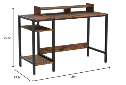 MINOSYS 39” Rustic Computer Desk with Adjustable Monitor Stand and Reversible Storage Shelves - WoodArtSupply