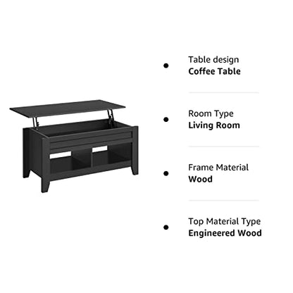 Yaheetech Black Wood Coffee Table Lift Up Coffee Table w/Hidden Storage & 2 Open Shelves for Living Room Reception Room Office, 41in L