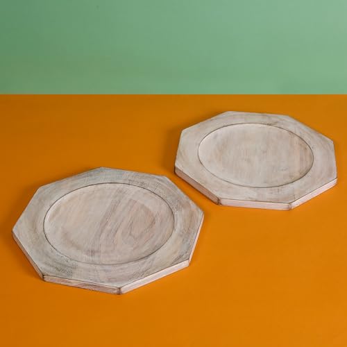 Alpha Living Home Acacia Wood Plates Set of 2 Round Wooden Dinner Plates, Charger Serving Tray Lightweight, Natural Dinnerware Dishes for Steak, Snack, Dessert, Cake, Housewarming - White Caramel Alpha Living Home
