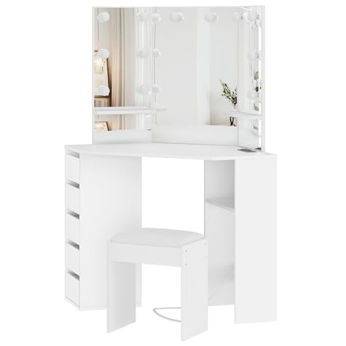 Knowfunn Corner Vanity Desk Set with 3-Folding Lighted Mirrors, Makeup Vanity Table with Charging Station, 5 Rotating Drawers and Storage Bench for Bedroom, White Knowfunn