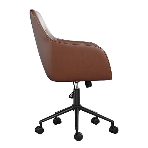 Martha Stewart Rayna Swivel Task Chair with Flared Arms for Home Office in Saddle Brown Faux Leather with Oil Rubbed Bronze Frame Martha Stewart