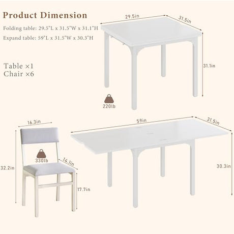 7-Piece Dining Table Set for 4-6, Extendable Kitchen Table Cushion Chairs Set of 6 with 6 Chairs, Rectangle Dining Table with Metal Frame & MDF Board, Folding for Small Apartment Saving Space, White HUAHUU