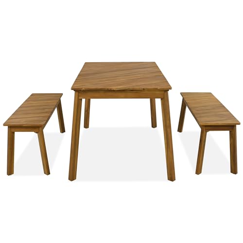 BAMOOLI 3 Pieces Patio Dining Set, Outdoor Acacia Wood Table and 2 Benches, Outdoor Dining Set Picnic Beer Table for Patiofor 4-6 People, All-Weather Picnic Conversation Set for Deck, Backyard, Garden BAMOOLI