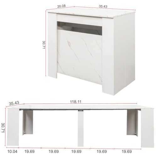 HOMBIX Expandable Dining Table, Transformer Console to Dining Table for 12, Folding Space Saving Dining Room Table with Elegant Marble Top, Marble White HOMBIX