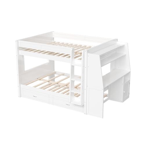 CKLMMC Full Size Multifunctional Bunk Bed with Desk and Bookshelves, Trundle, Space-Saving Wooden Bunk Bed for Kids & Teens (White/T) CKLMMC