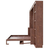 SOFTSEA Queen Murphy Bed with Desk and Storage, Wood Foldable Wall Bed Frame with Bookcase Shelves, Hidden Wall Bed Cabinet for Adult, Guest Room, Dark Brown SOFTSEA