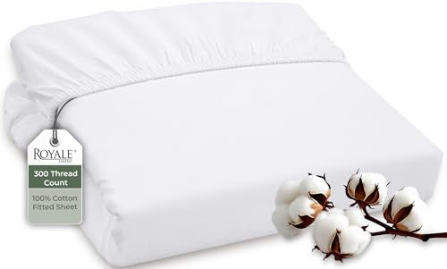 ROYALE LINENS 300 Thread Count 100% Long Staple Combed Cotton Fitted Sheet Twin - Super Soft Deep Pocket Bottom Sheet - Fitted Sheets Only - Elastic Sheets (Twin, White) ROYALE LINENS