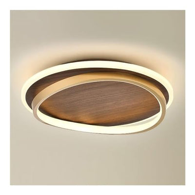Farmhouse LED Ceiling Light Fixture - Wood Grain Finish Semi Flush Mount Round Mid Century Modern Ceiling Light with Gold Ring Antique Vintage Lighting Fixture for Living Room Bedroom Kitchen Bathroom