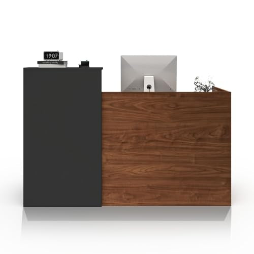 YTElantivo 63″ L-Shaped Reception Desk with Counter – Modern Office Front Desk for Salon, Clinic & Retail, Spacious Workstation, Easy Assembly, Black-Brown Receptionist Desk YTElantivo