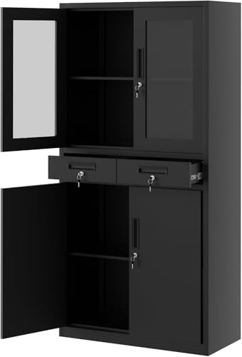 PioneerWorks 71" Black Metal Storage Cabinet w/Glass Doors | 2 Drawers + 2 Adjustable Shelves, Lock Feature | for Garage, Home Office Organization PioneerWorks