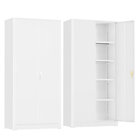 Crownland 72" Lockable Metal Storage Cabinet, Garage Storage Cabinets, High Office Cabinet with Adjustable Shelves for Garage, Home Office,Pantry, File(White) Crownland
