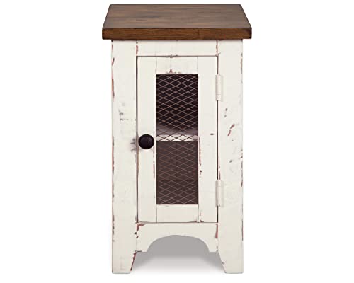 Signature Design by Ashley Wystfield Farmhouse Chair Side End Table with Cabinet Door for Storage, White & Brown with Distressed Finish - WoodArtSupply