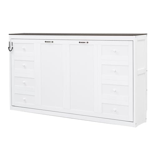 Merax Twin Size Murphy Bed with LED Light, Foldable Bed Frame with Storage Shelf, Murphy Cabinet with Foldable Panel, Wood Hidden Wall Bed Cabinet, for Bedroom, Small Room, Office,White Merax
