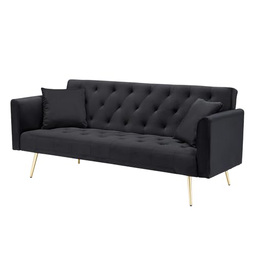 71" Modern Velvet Sofa Bed Futon, Convertible Sleeper Couch with Adjustable Backrest, Tufted Recliner Loveseat with Golden Chrome Legs & 2 Pillows for Small Spaces, Living Room, Apartment (Black) Generic