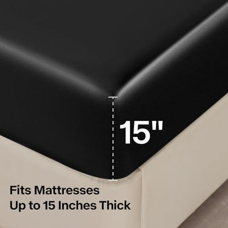 BEDELITE Satin Sheets Full Size Bed Set, Luxury Soft Black Silky Sheets for Hair and Skin, Similar to Silk Bed Sheets Set 4 Pieces with 1 Deep Pocket Fitted Sheet, 1 Flat Sheet, and 2 Pillowcases BEDELITE