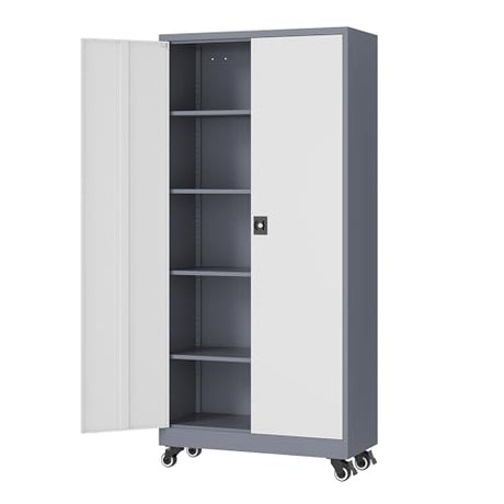 Fesbos Metal Rolling Storage Cabinet-74.6” Tall Steel File Cabinets with Wheels Lockable Doors and Adjustable Shelves-Gray & White Steel Storage Cabinet for Home, School, Office, Garage Fesbos