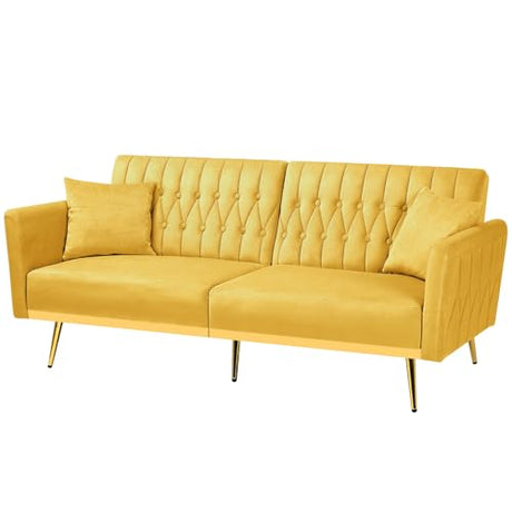 ACMEASE 70” Velvet Futon Sofa Bed w/Adjustable Armrests & 2 Pillows, Convertible Futon Couch w/Adjustable Backrests, Modern Sleeper Bed for Living Room, Bedroom, Yellow ACMEASE