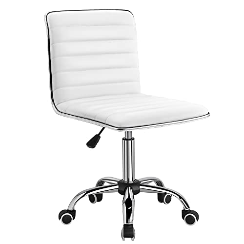 Furmax Vanity Office Desk Chair with Wheels, Armless Small Cute Leather Makeup Computer Task Chair Adjustable Height 360° Swivel (White) Furmax