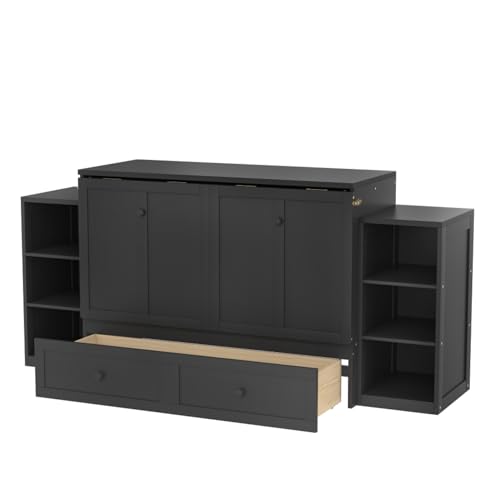 DNChuan Full Size Murphy Cabinet Bed with Spacious Storage Drawer, Foldable Murphy Cabinet Bed Frame with Storage Shelves, Space Saving, No Noise, Kids, Boys, Adults, Dark Gray DNChuan