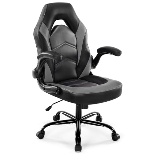 DUMOS Computer Game Desk Chair - Ergonomic PU Leather Lumbar Support, Height Adjustable High Back Video Game with Flip-up Armrest, Rolling Swivel for Adults, Deep Grey DUMOS
