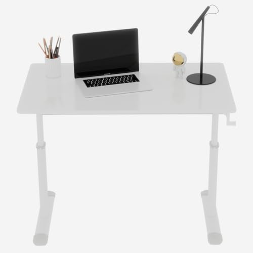 Penau Adjustable Height Standing Desk, Manual Crank Sit Stand Computer Desk, Minimalist White Engineered Wood Top, White Iron Double Column Frame, 39.37 x 23.62 x 35.43 Inchs Penau