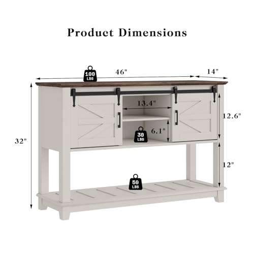 LUXOAK Farmhouse Entryway Table with Sliding Barn Doors, 46" Sofa Table for Living Room, Console Table with Storage Hallway Entrance Table, Antique White - WoodArtSupply