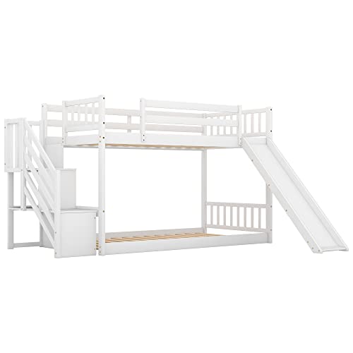 Twin Over Twin Low Bunk Bed with Slide and for Storage Staircase for Teens, Boys or Girls, No Box Sping Needed Merax