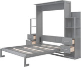 Queen Murphy Bed with Storage Drawers,LED Lights and Shelves,Wood Murphy Wall Bed Cabinet for Adults (Grey) MERITLINE