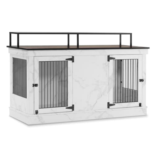 MCombo Large Dog Crate Furniture TV Stand, Wooden Dog Kennel with Double Doors, Indoor Furniture Style Dog Crate House End Table, 1861 (White) - WoodArtSupply