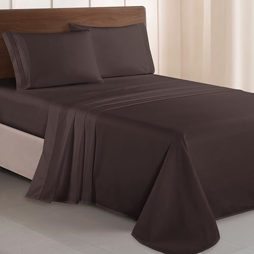 Elegant Comfort Luxurious 1500 Premium Hotel Quality Microfiber Three Line Embroidered Softest 4-Piece Bed Sheet Set, Wrinkle and Fade Resistant, King, Chocolate Brown Elegant Comfort