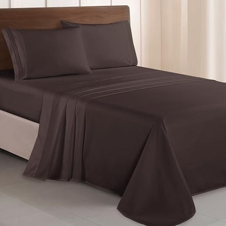 Elegant Comfort Luxurious 1500 Premium Hotel Quality Microfiber Three Line Embroidered Softest 4-Piece Bed Sheet Set, Wrinkle and Fade Resistant, King, Chocolate Brown Elegant Comfort